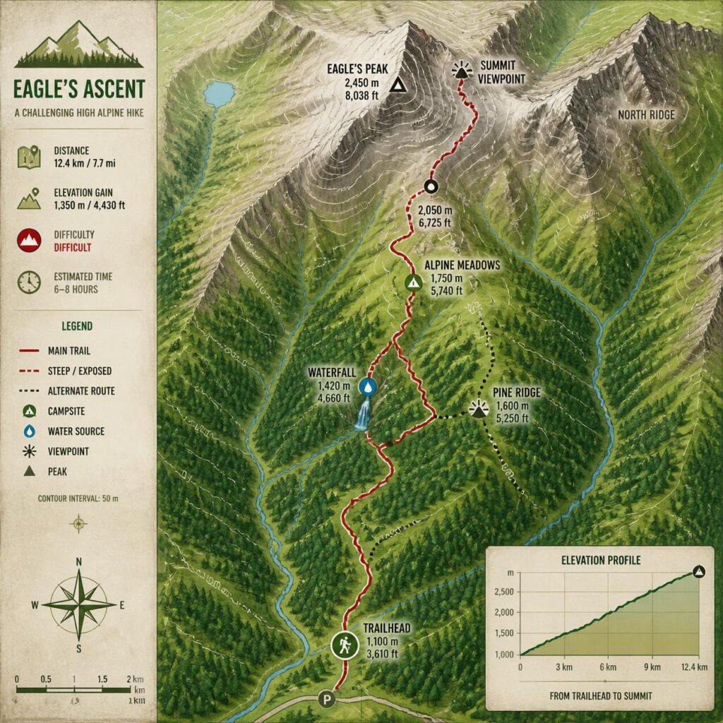 Kaart van een moeilijkere bergwandeling