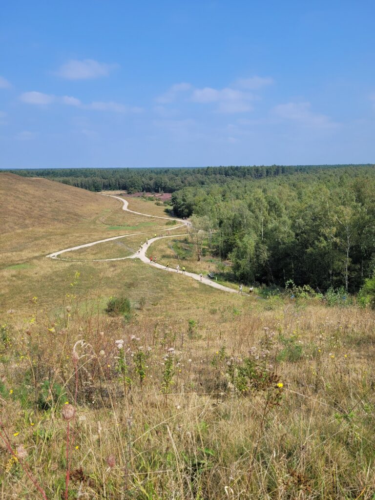 Een vallei in de natuur met mensen die wandelen