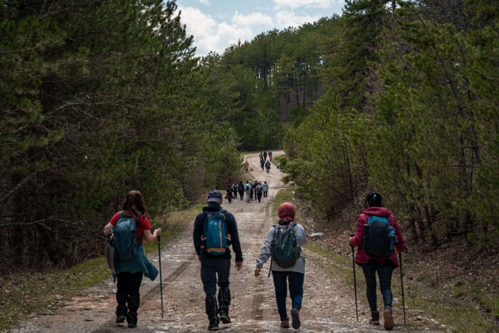 4 personen die wandelen door de natuur